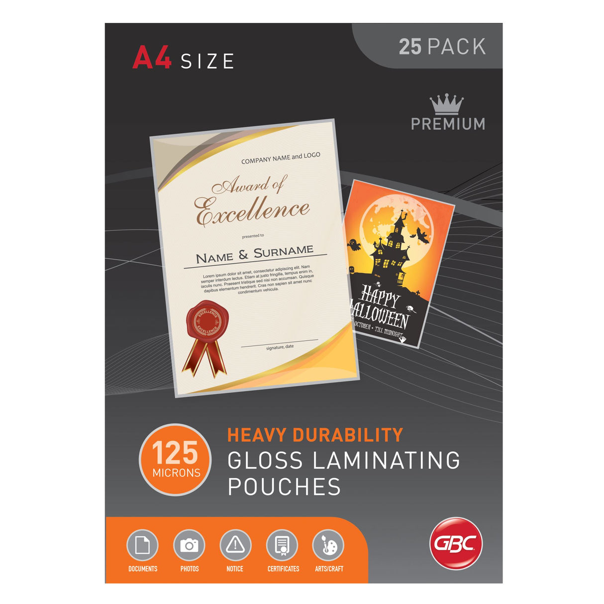 GBC Laminating Pouch A4 125 Micron pack of 25, ideal for protecting documents with a glossy finish and embedded usage instructions.