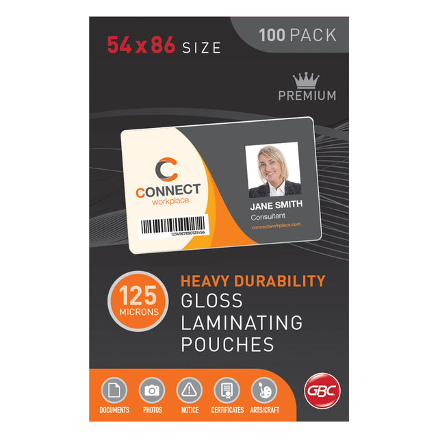 GBC 54x86mm laminating pouches, 125 micron, pack of 100, provide durable, glossy protection for cards and documents.