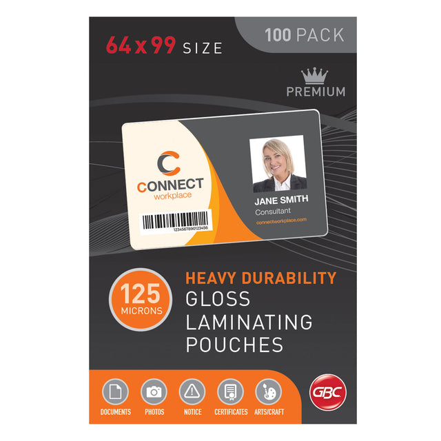 GBC Laminating Pouch 64x99mm 125 Micron, pack of 100, enhances and protects documents with a glossy, durable finish.