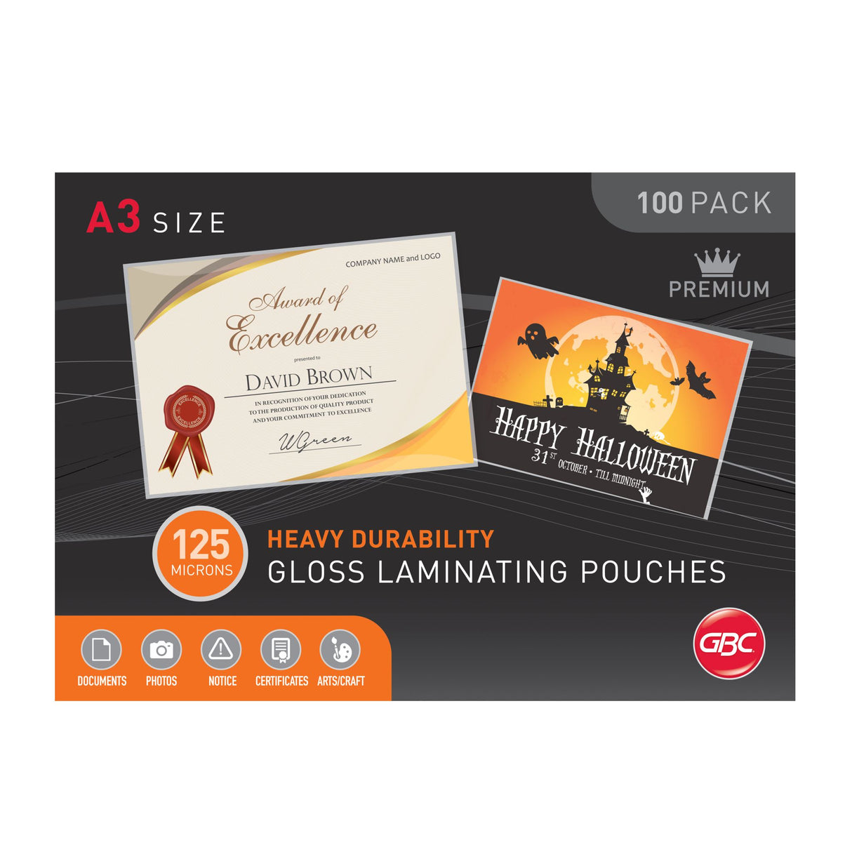 GBC A3 laminating pouches, 125 microns, pack of 100 for durable, glossy document protection and professional presentation.