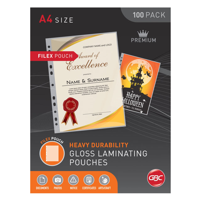 GBC A4 laminating pouches, 125 microns, pack of 100, protect and enhance documents with a glossy finish.