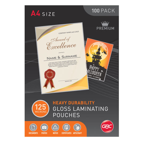 GBC A4 laminating pouches, 125 microns thick, pack of 100, ideal for preserving and enhancing various documents.