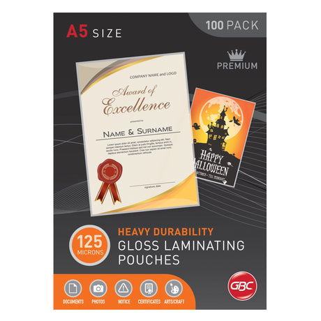 High-quality GBC A5 laminating pouches, 125 microns thick, for protecting and enhancing documents, photos, and instructional materials.