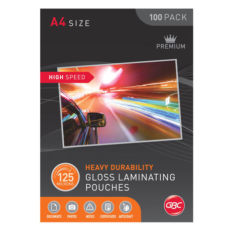 GBC A4 125 Micron Laminating Pouches, Pack of 100, high-speed design for fast and durable document protection.