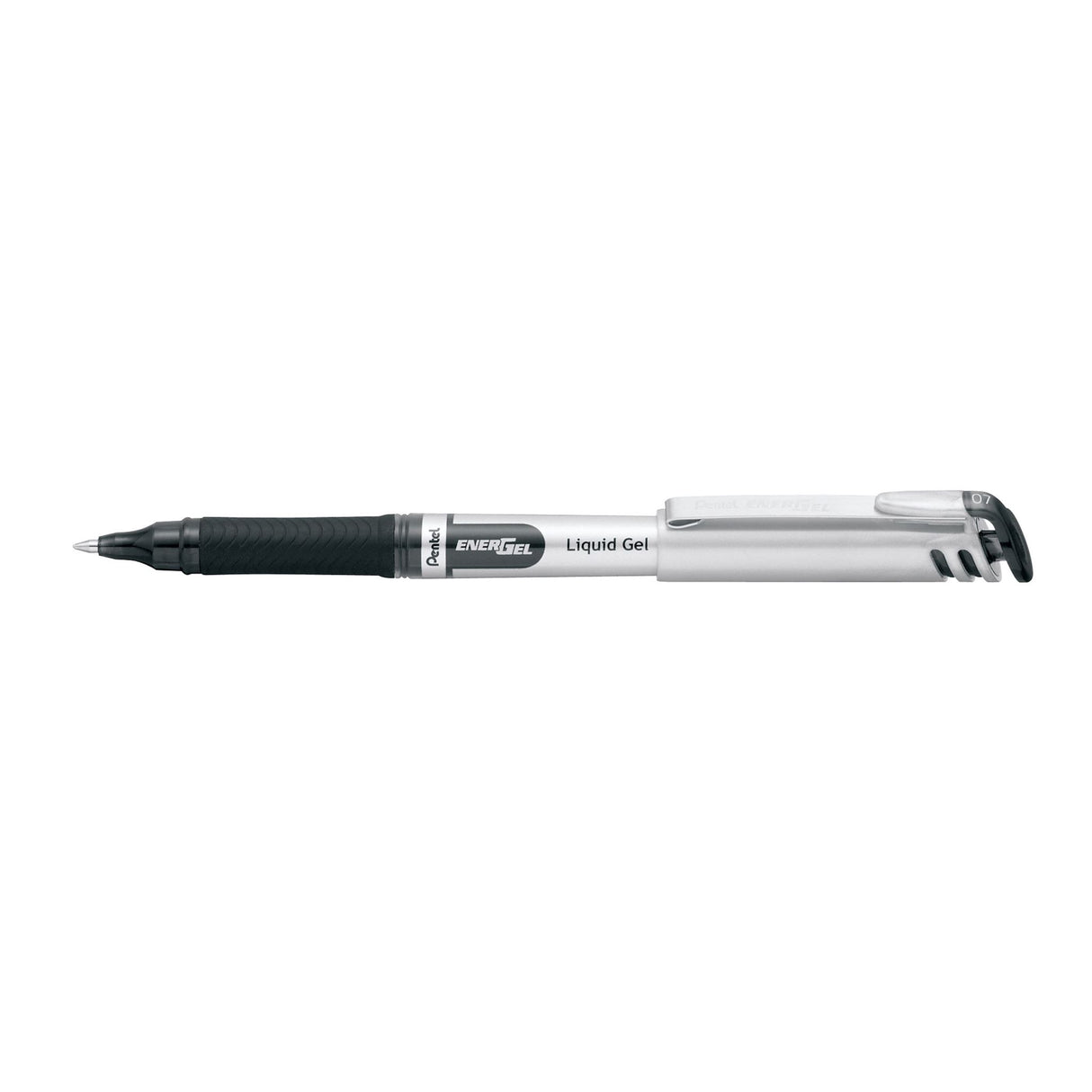 PENTEL EnerGel gel roller pen in black, featuring a 0.7mm tip, smooth ink, rubber grip, and metal clip, perfect for writing tasks.