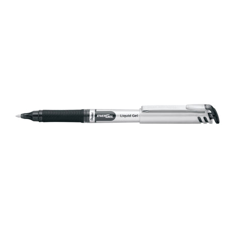 PENTEL EnerGel gel roller pen in black, featuring a 0.7mm tip, smooth ink, rubber grip, and metal clip, perfect for writing tasks.