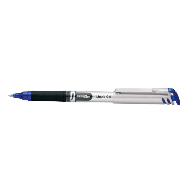 Pack of 12 Pentel EnerGel Gel Roller Pens in blue, featuring a 0.7mm tip, ergonomic grip, and quick-drying ink for smooth writing.