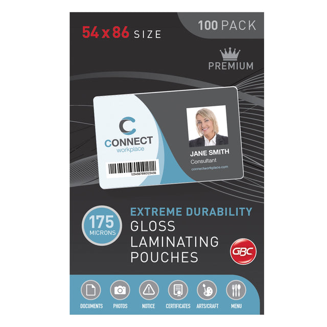 GBC Laminating Pouch 54x86mm 175 Micron pack of 100 for superior document protection and glossy finish, ideal for ID cards and photos.