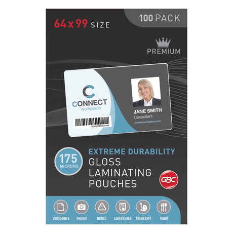 GBC Laminating Pouch 64x99mm, 175 Micron, pack of 100 for durable protection and enhancement of documents and photos.