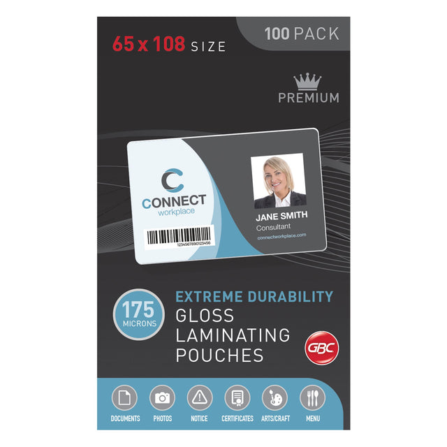 GBC Laminating Pouches 65x108mm offer glossy, durable protection for documents, photos, and ID cards in a pack of 100.