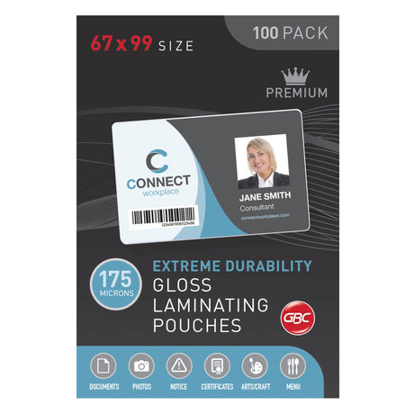 GBC Laminating Pouch 67x99mm, 175 Micron, pack of 100 for durable, glossy document protection and enhanced appearance.