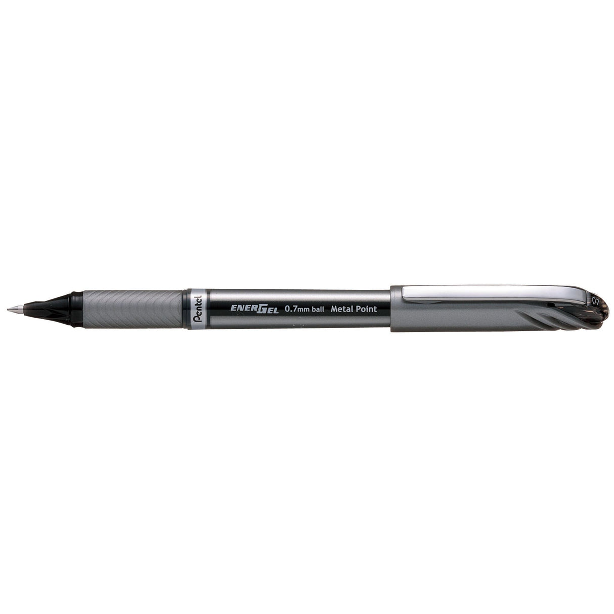 Pentel EnerGel Gel Roller Pen Stick BL27, 0.7mm black, featuring a grey barrel, rubber grip, and quick-drying ink, 12 pack.