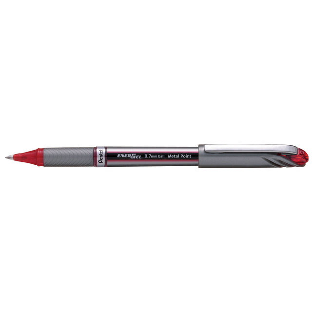 Pentel EnerGel Gel Roller Pen in red, 0.7mm, with rubber grip, metal clip, quick-drying ink, pack of 12, eco-friendly design.