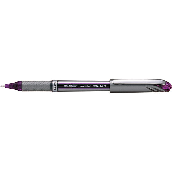 Pack of 12 Pentel Energel 0.7mm gel pens in violet, featuring fast-drying ink and a comfortable latex-free grip.