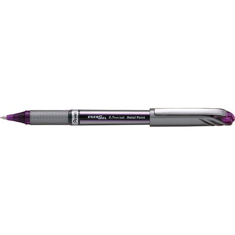 Pack of 12 Pentel Energel 0.7mm gel pens in violet, featuring fast-drying ink and a comfortable latex-free grip.