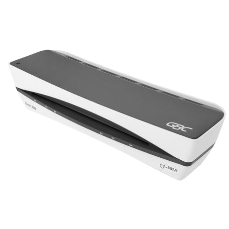 GBC iLAM 300 A4 laminator in grey, compact design, 300mm/min speed, low temp for safe use, 3 min warm-up, 2-year warranty.