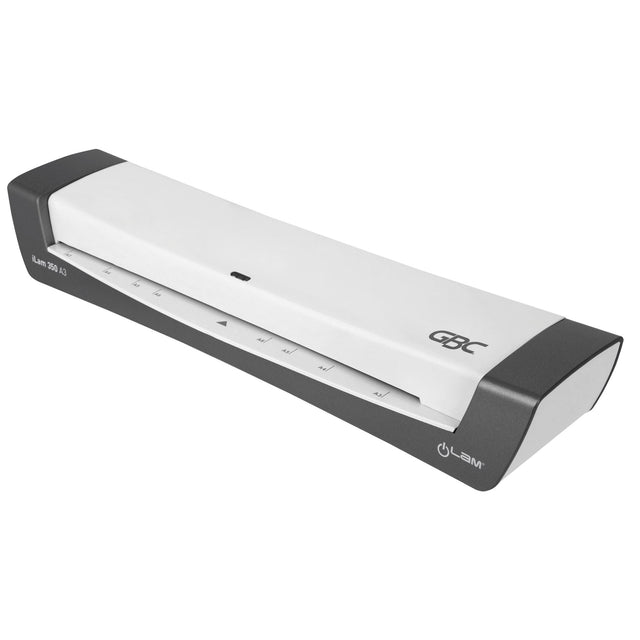 GBC Ilam Laminator 350 A3 in silver, featuring rapid heat-up, high-speed lamination, and compact design for modern offices.