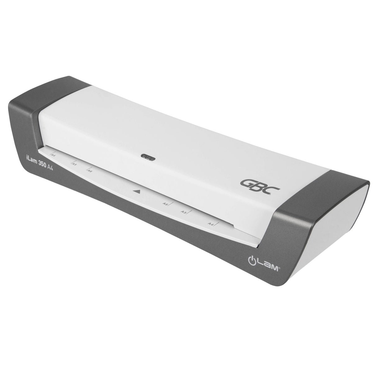 Sleek silver GBC ILAM 350 laminator for quick A4 laminating, heating in 1 minute, and speeds up to 350mm/min. Eco-friendly design.