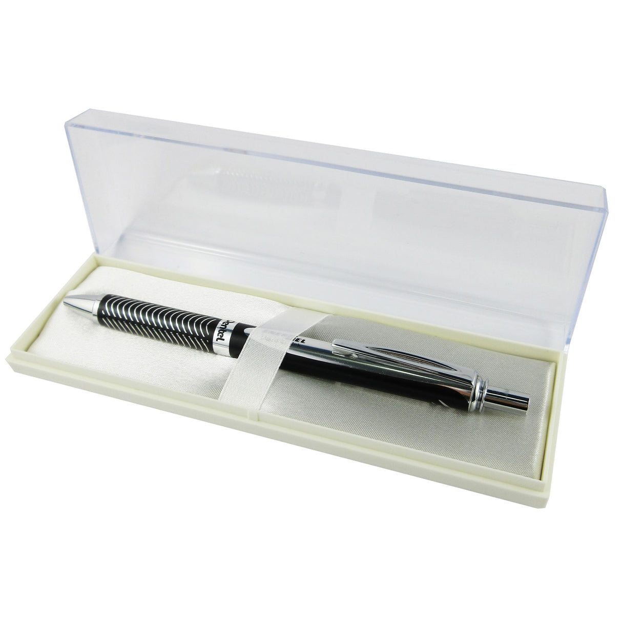 Pentel Energel retractable pen with a sleek black aluminum barrel and smooth quick-drying ink, ideal for professionals.