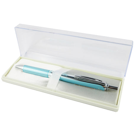 Aqua aluminium barrel retractable pen with smooth Energel ink, 0.7mm line, and sleek case; ideal for gifting or personal use.