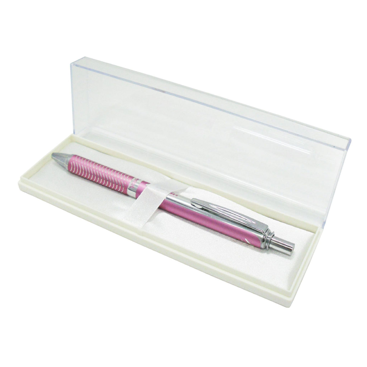 Pentel Energel 0.7mm gel pen with a stylish pink aluminum barrel, black ink, retractable design, and smooth writing.