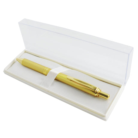 Elegant gold barrel gel pen with retractable design, super smooth black ink, and comfortable grip, ideal for gifting.