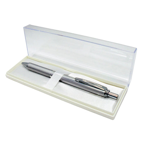 Stylish Pentel EnerGel 0.7mm black ink pen with silver aluminum barrel, featuring retractable design and bonus case.