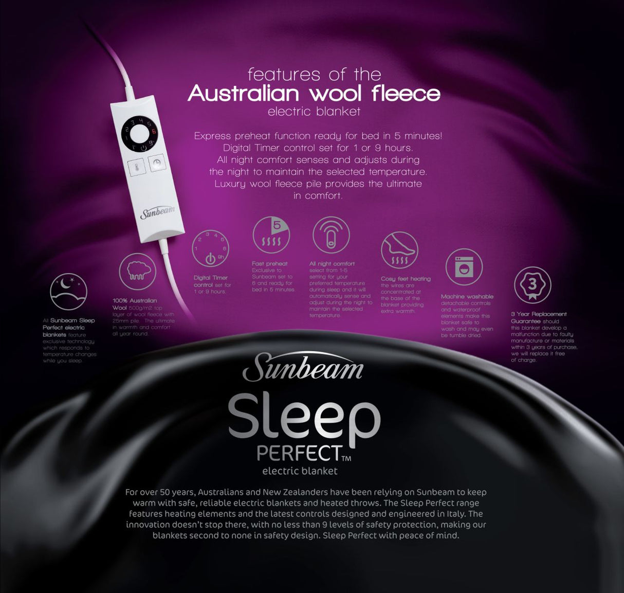 Super King Electric Blanket in 100% Australian wool, offering fast heat, adjustable settings, and year-round comfort.