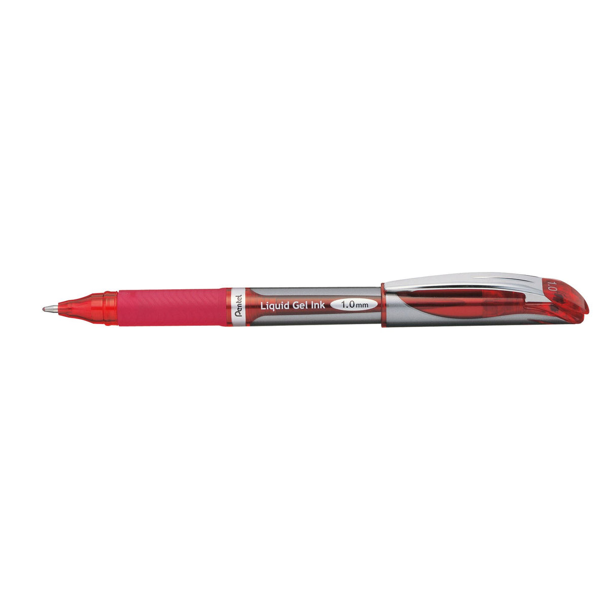 PENTEL ENERGEL 1.0mm red gel roller pen with a sleek design, rubber grip, and eco-friendly materials in a 12-pack.