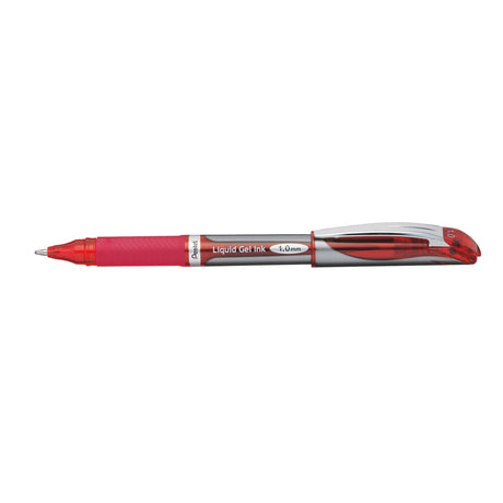 PENTEL ENERGEL 1.0mm red gel roller pen with a sleek design, rubber grip, and eco-friendly materials in a 12-pack.