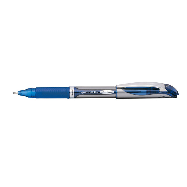 Pack of 12 Pentel EnerGel Deluxe 1.0mm blue gel pens, featuring smooth ink, comfortable grip, and eco-friendly design.