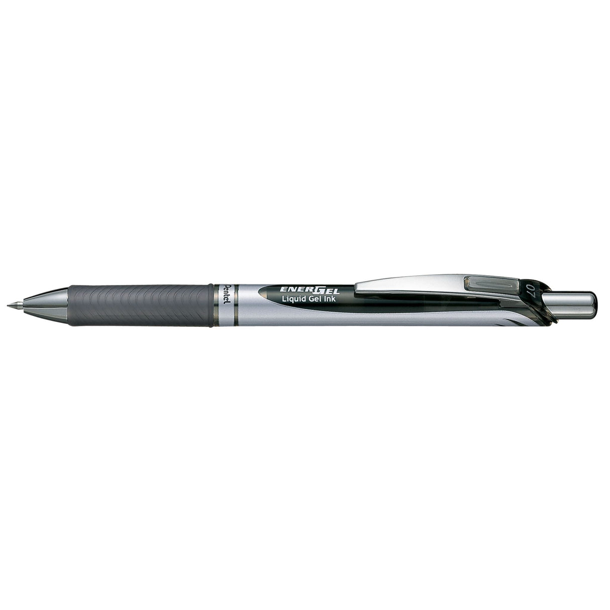 PENTEL ENERGEL retractable gel pen, 0.7mm black, pack of 12, features smooth ink, rubber grip, and eco-friendly design.