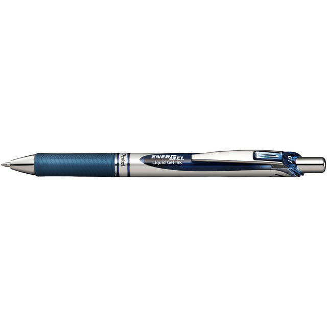 Pack of 12 Pentel EnerGel BL77 navy gel pens with quick-drying ink, ergonomic grip, and sleek design for smooth writing.