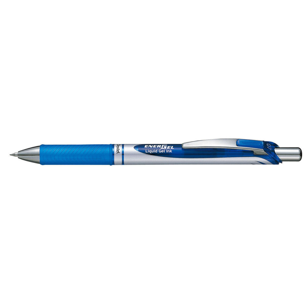 Pack of 12 Pentel EnerGel 0.7mm retractable gel pens with blue ink, featuring a rubber grip and quick-drying ink for smooth writing.