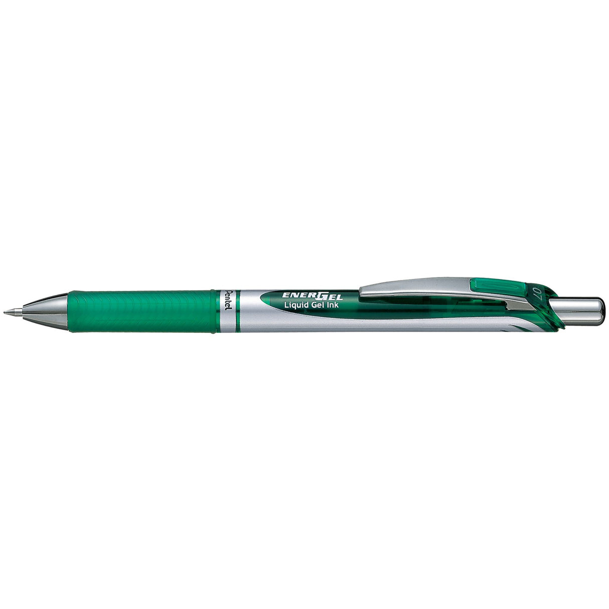 Pack of 12 Pentel EnerGel BL77 gel pens in green, featuring smooth ink, 0.7mm nib, and comfortable rubber grip.