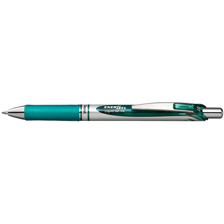 Set of 12 PENTEL ENERGEL BL77 gel pens in turquoise, featuring fast-drying ink and ergonomic grip for comfortable writing.