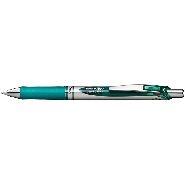 Set of 12 PENTEL ENERGEL BL77 gel pens in turquoise, featuring fast-drying ink and ergonomic grip for comfortable writing.