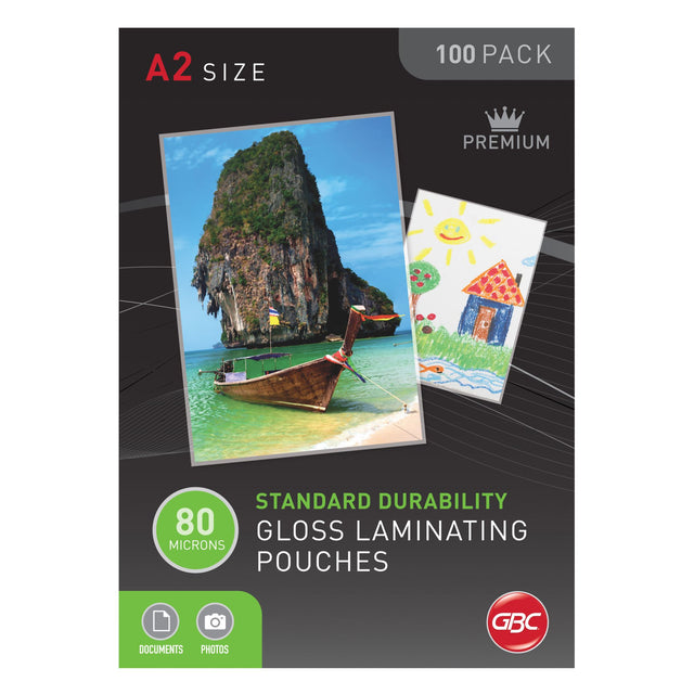 GBC A2 80 Micron laminating pouches pack of 100, offering crystal-clear protection for documents and photos.