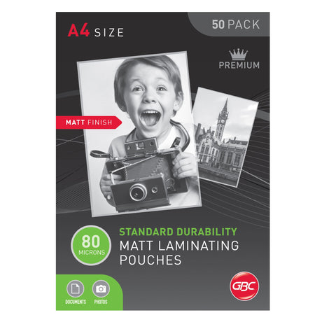 GBC A4 80 Micron Matt Laminating Pouches in a pack of 50, ideal for preserving and enhancing important documents.