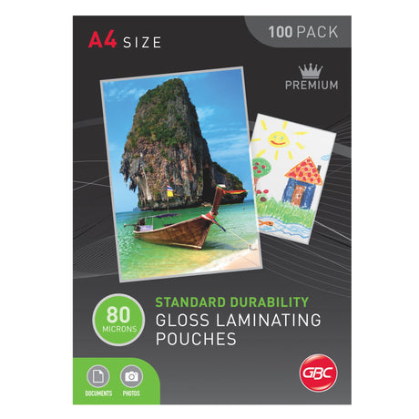 GBC A4 laminating pouches, 80 microns thick, pack of 100, ideal for protecting and enhancing documents with a glossy finish.