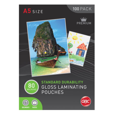 GBC A5 laminating pouches, 80 microns thick, provide protective, glossy finishes for documents, photos, and notices in a pack of 100.