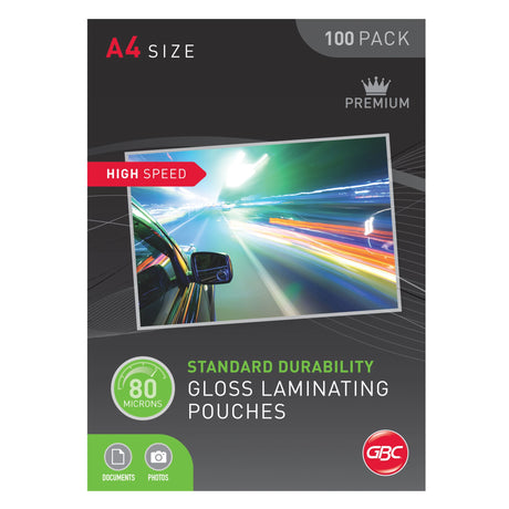 GBC A4 laminating pouch pack of 100, 80 microns, high-speed design for quick, durable document protection.