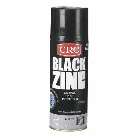 Black zinc spray can for rust protection, featuring a durable enamel coating and satin finish for long-lasting metal surface defense.