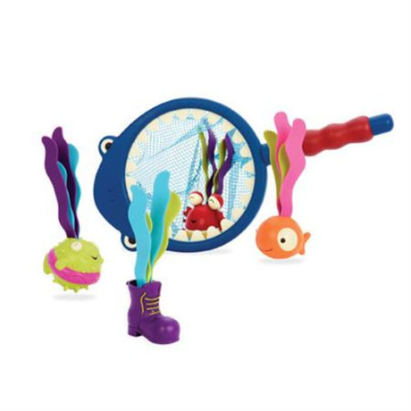 Colorful B. Shark Diving Set with 4 weighted toys and a mesh net for fun underwater pool play, designed for kids ages 3+.