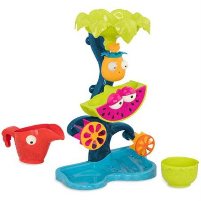 Colorful water wheel play set for kids, featuring spinning wheels and tropical designs for engaging water flow fun.