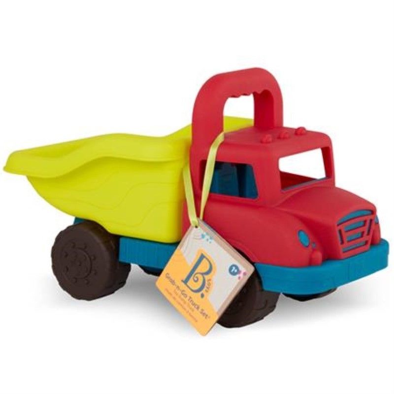 Brightly colored B. Dump Truck with Handle made from durable plastic, perfect for outdoor creative play with sand and treasures.