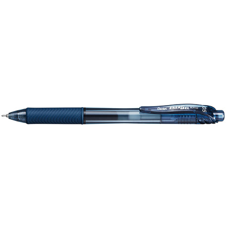 Pack of 12 Pentel EnerGel BLN105 gel pens in navy, featuring 0.5mm tips, fast-drying ink, and eco-friendly design.