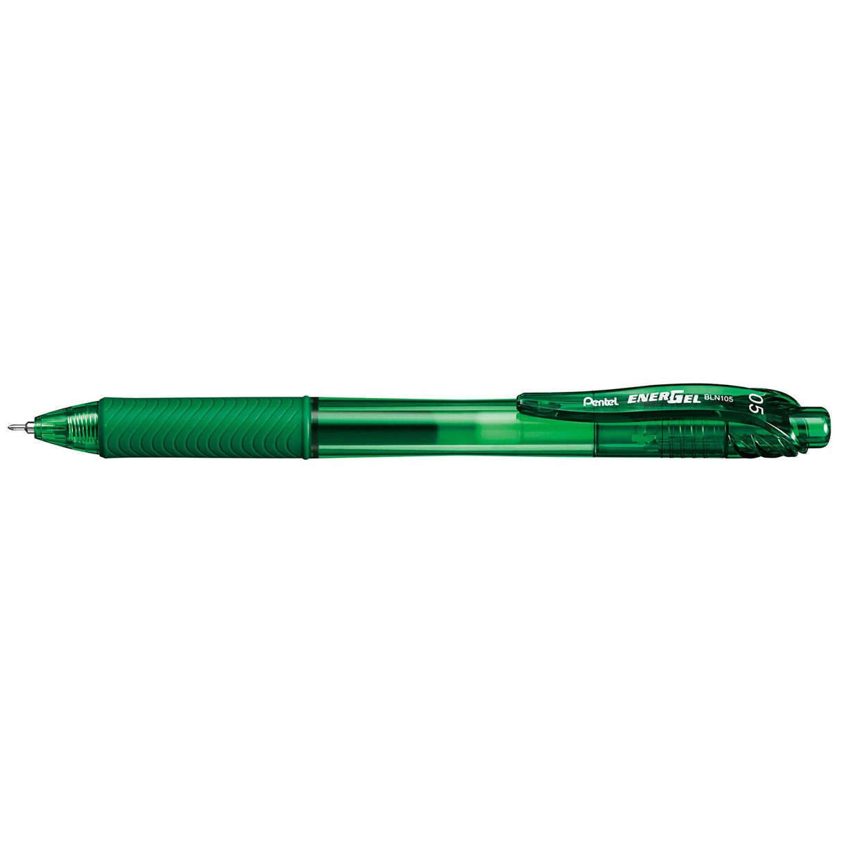 Pack of 12 PENTEL ENERGEL Gel Pens in green, featuring 0.5mm tips, quick-drying ink, and comfortable latex-free grips.