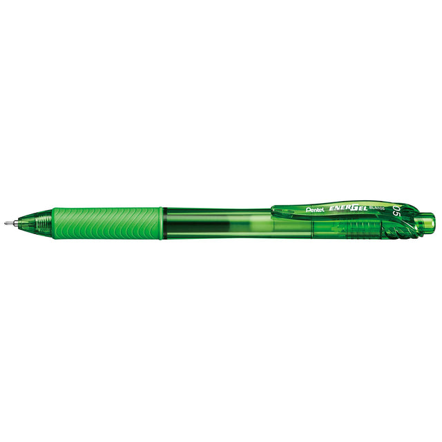 Light green PENTEL ENERGEL gel pens with a 0.5mm tip, featuring smooth writing, eco-friendly materials, and quick-drying ink.