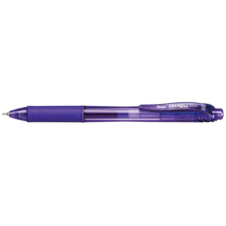 Pack of 12 Pentel EnerGel violet gel pens features a 0.5mm needle tip for smooth, precise writing and quick-drying ink.